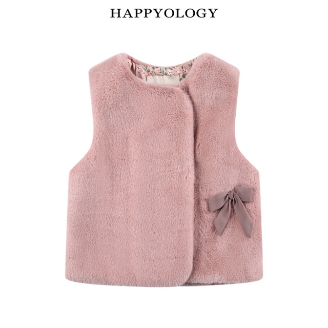 13695319.happyology秋冬新品男女童侧绑带撞色毛毛马甲