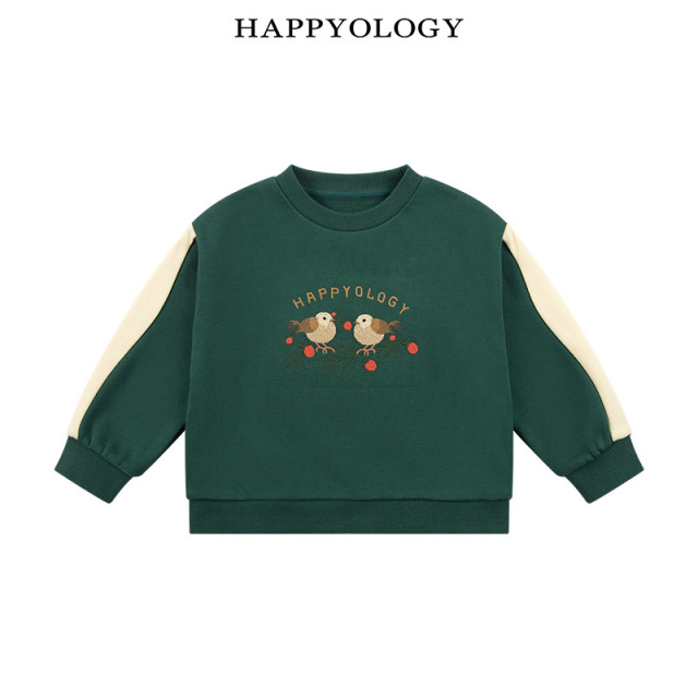 13695300.happyology秋冬新品男女童袖子拼色圆领绣花卫衣