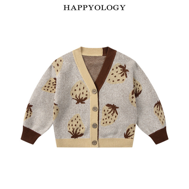 13695298.happyology秋冬新品男女童草莓提花V领毛衣开衫