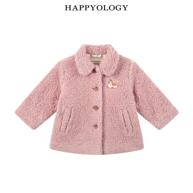 13695295.happyology秋冬新品男女童翻领羊羔毛绣花棉服