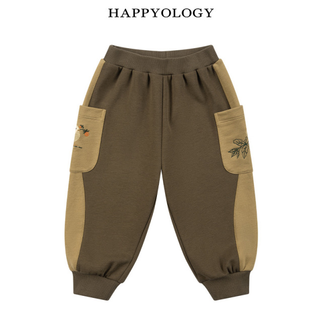 13695302.happyology秋冬新品男女童拼色绣花大口袋长卫裤