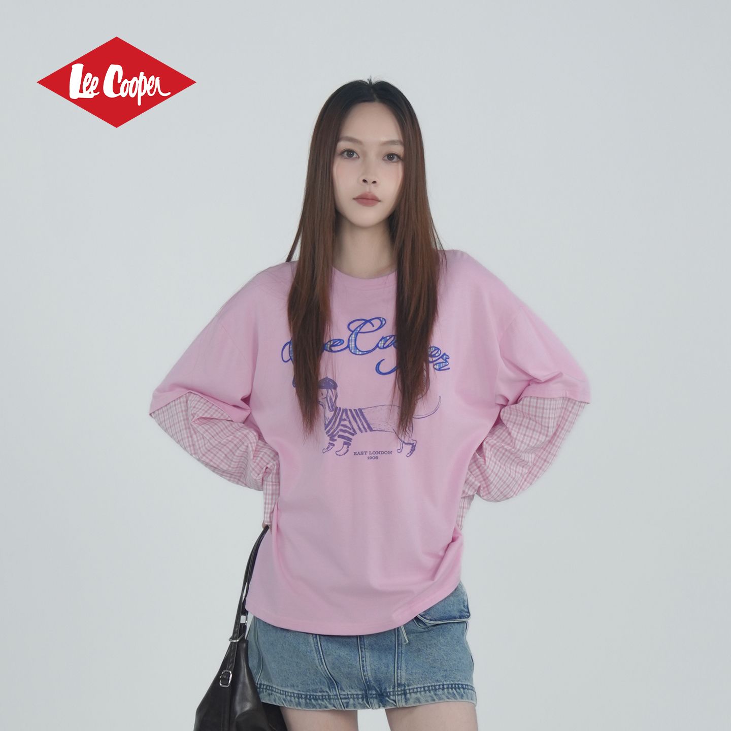13533104.Lee Cooper格纹拼接印花假两件长袖T恤圆领女春秋季新款百搭休闲
