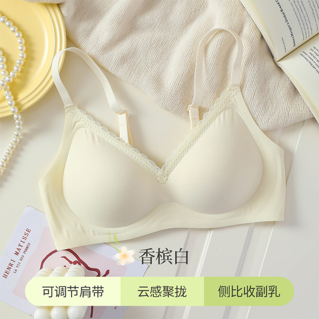 13735844.无痕内衣女小胸聚拢收副乳防下垂固定杯甜美碎花蕾丝边舒适文胸