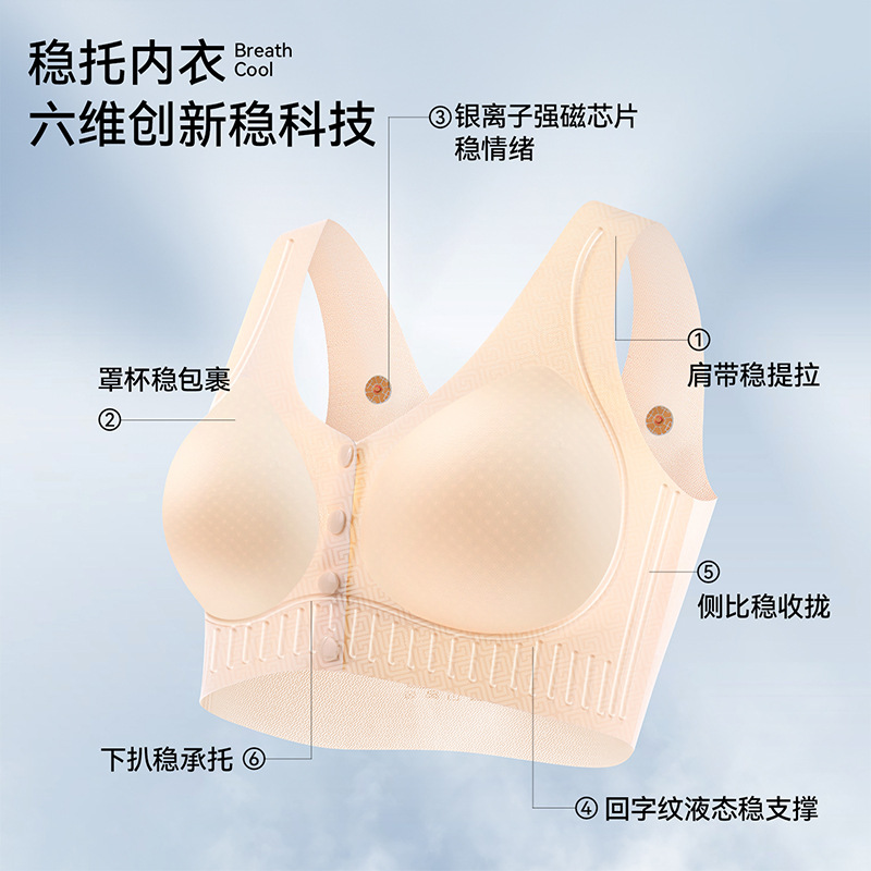 13735936.新款时尚创意无痕前扣内衣女士强支撑不跑杯无钢圈大码文胸