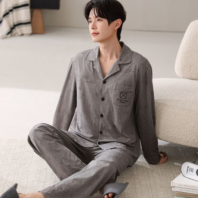 13784750.男士睡衣纯棉翻领开衫家居服套装简约休闲舒适长袖长裤不易起球