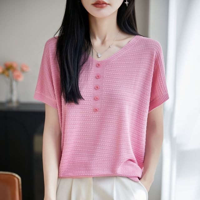 13716420.绒暖享夏季新款V领天丝针织短袖