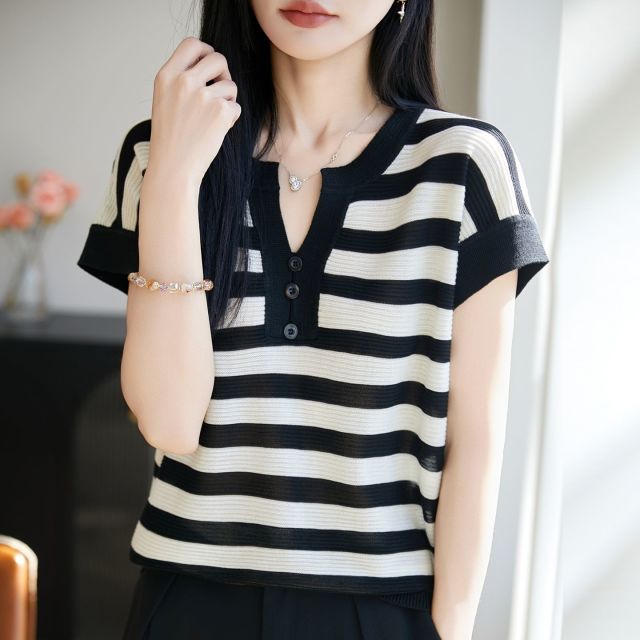 13715888.绒暖享夏款天丝针织POLO领短袖莱赛尔纤维短袖上衣
