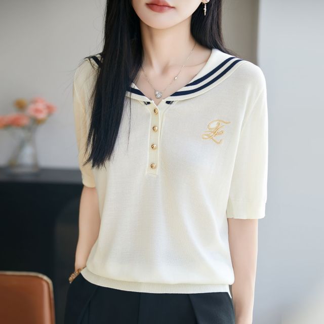 13715866.绒暖享天丝海军领上衣针织短袖刺绣女款