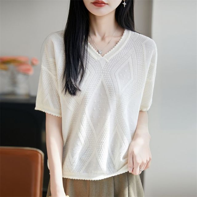 13716426.绒暖享莱赛尔天丝针织菱形格提花鸡心领上衣打底
