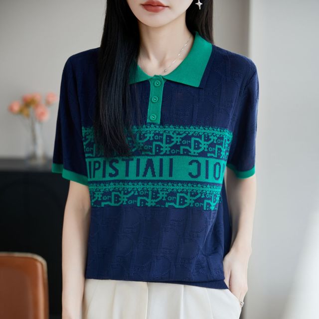 13716424.绒暖享莱赛尔天丝POLO领针织短袖提花上衣