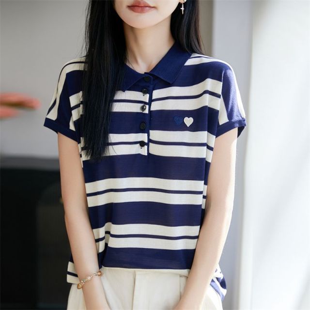 13716003.绒暖享莱赛尔天丝翻领针织短袖POLO刺绣爱心针织衫短袖