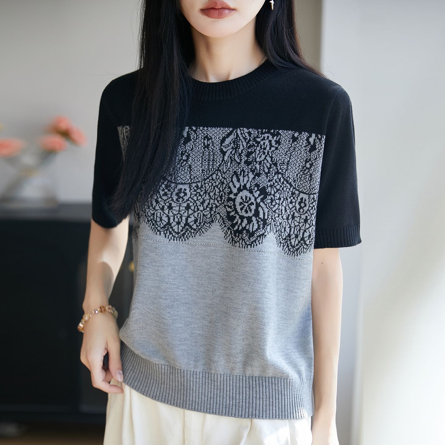 13715093.绒暖享夏款莱赛尔撞色替换针织短袖天丝五分袖上衣女款
