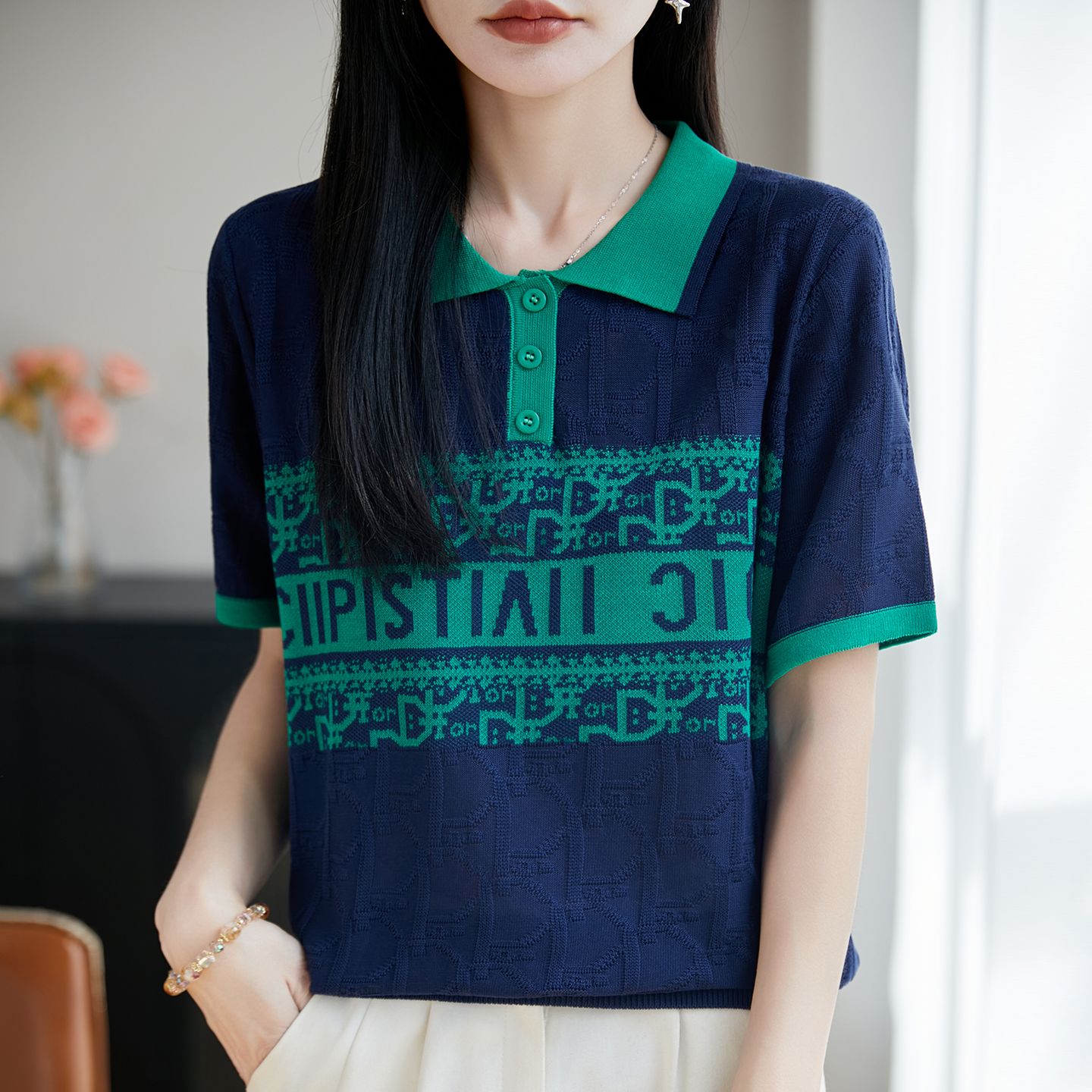 13716424.绒暖享莱赛尔天丝POLO领针织短袖提花上衣