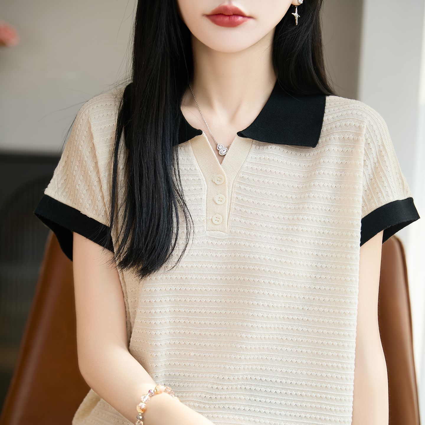 13716439.绒暖享夏秋新款天丝莱赛尔POLP领针织衫拼色上衣宽松套头上衣