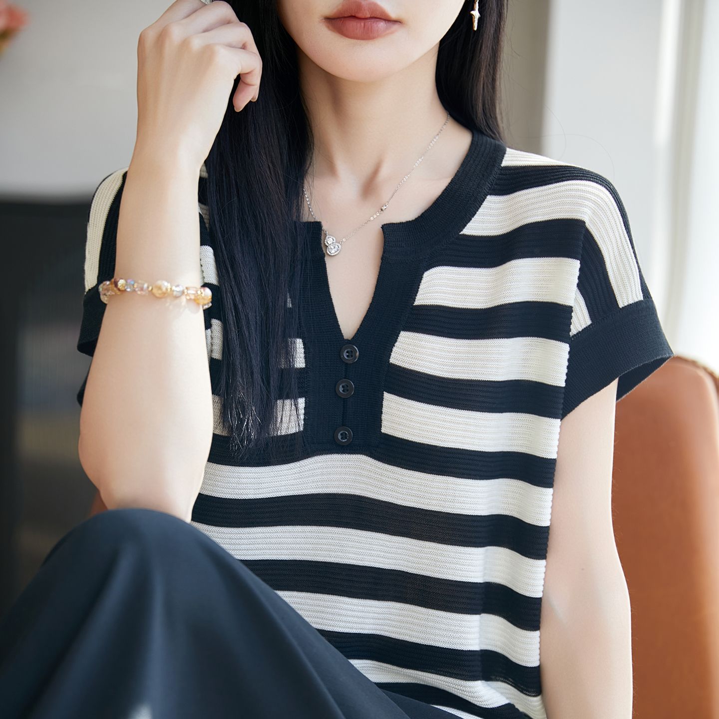 13715888.绒暖享夏款天丝针织POLO领短袖莱赛尔纤维短袖上衣