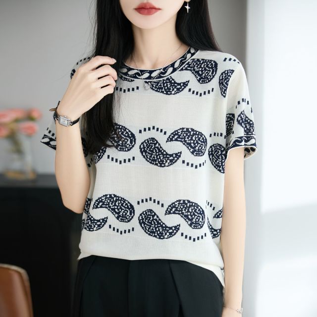 13733973.绒暖享莱赛尔天丝短袖针织短袖T恤薄款撞色女士上衣