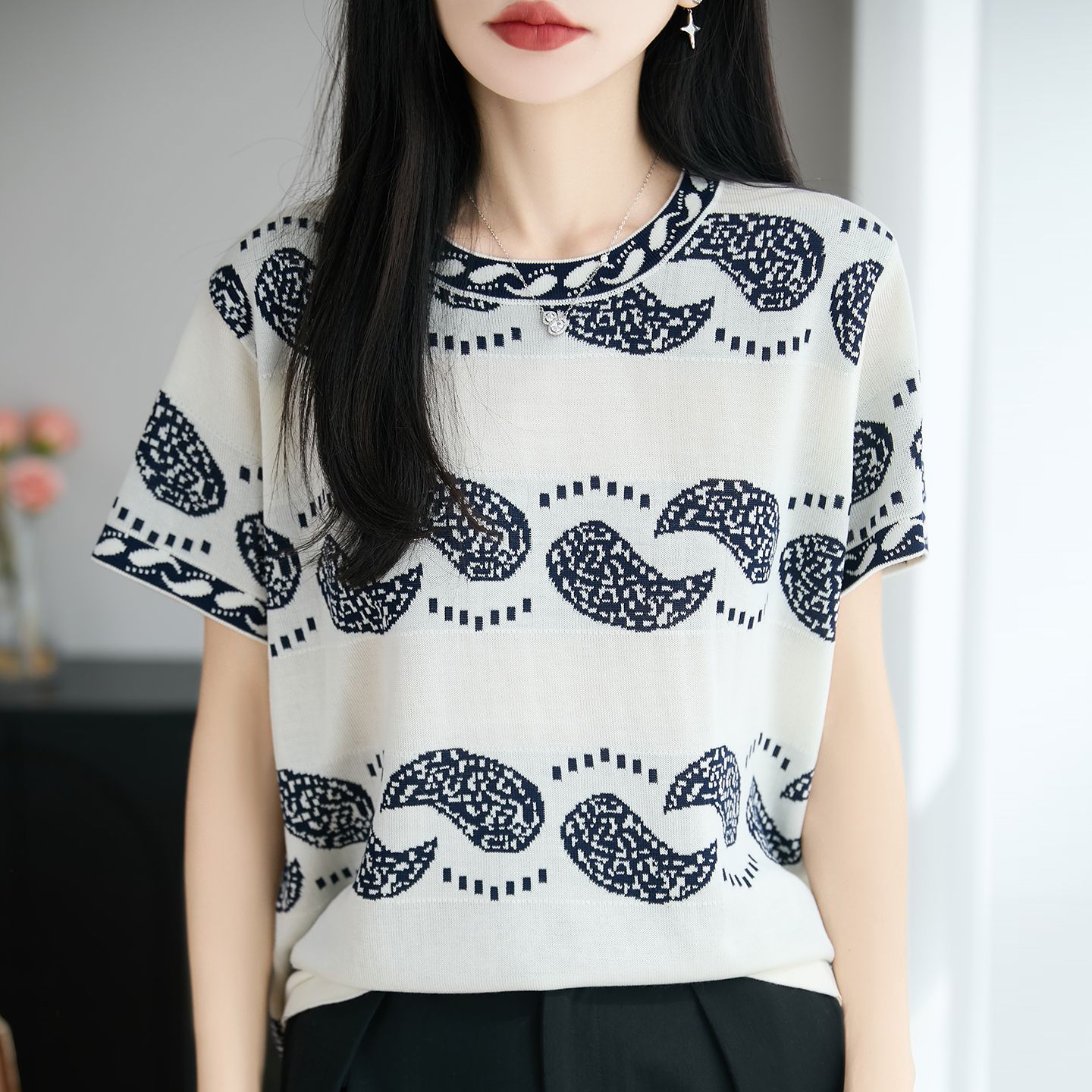 13733973.绒暖享莱赛尔天丝短袖针织短袖T恤薄款撞色女士上衣