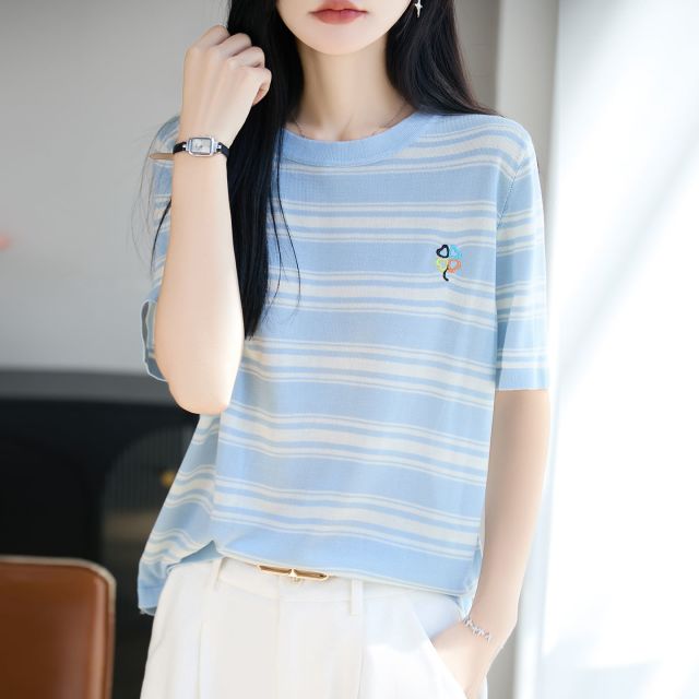 13734230.绒暖享凉感圆领条纹针织条纹短袖T恤女夏季宽松透气上衣莱赛尔天丝