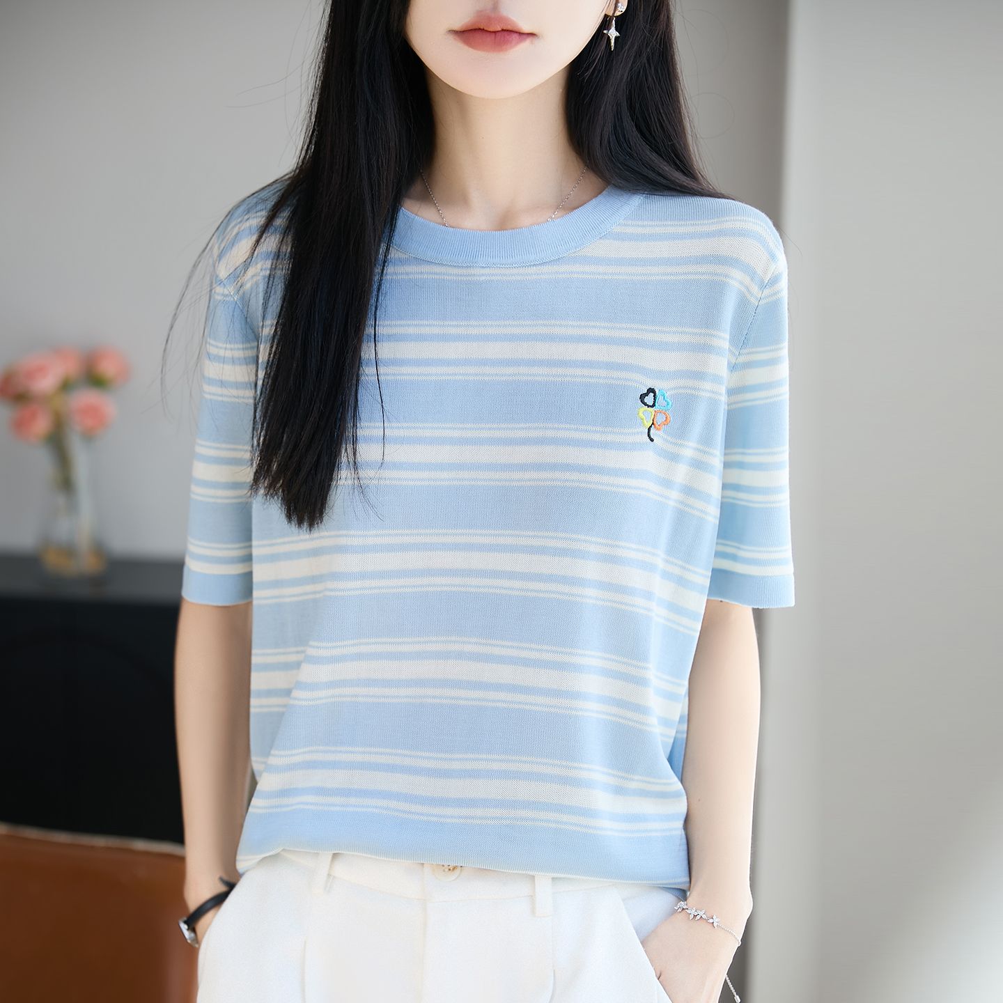 13734230.绒暖享凉感圆领条纹针织条纹短袖T恤女夏季宽松透气上衣莱赛尔天丝