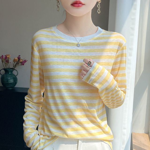 13735828.绒暖享精纺系列条纹拼色针织圆领长袖打底衫防晒长袖