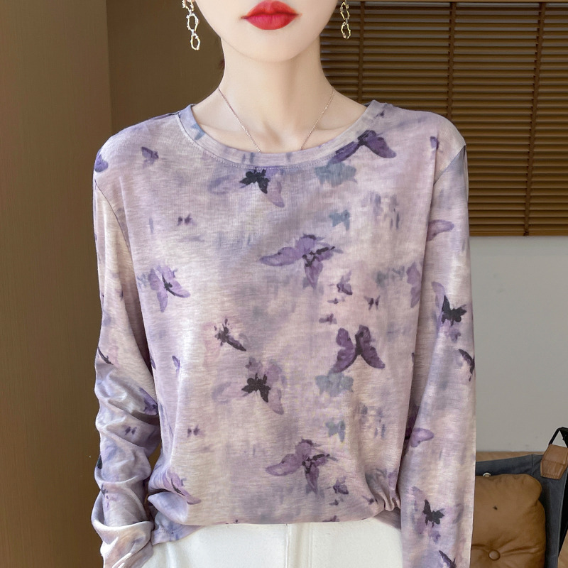 13738749.绒暖享夏季新款水溶印花长袖T恤针织打底衫女圆领薄款防晒内搭