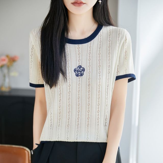 13744040.绒暖享夏季小香风半袖撞色圆领上衣花朵针织镂空薄款透气上衣