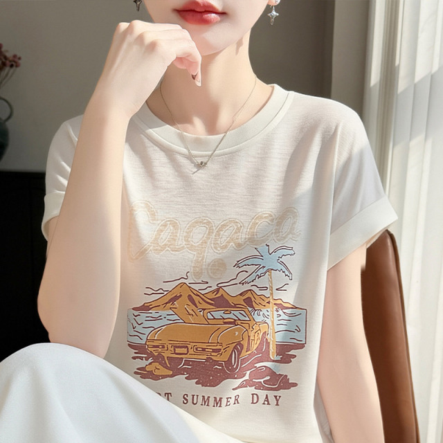 13739010.绒暖享夏季精仿系列圆领短袖针织衫女士上衣宽松打底衫