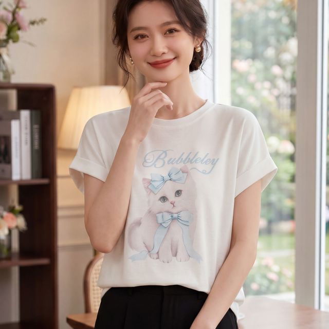 13743997.绒暖享夏季精仿系列圆领短袖针织衫女士印花上衣宽松打底衫T恤