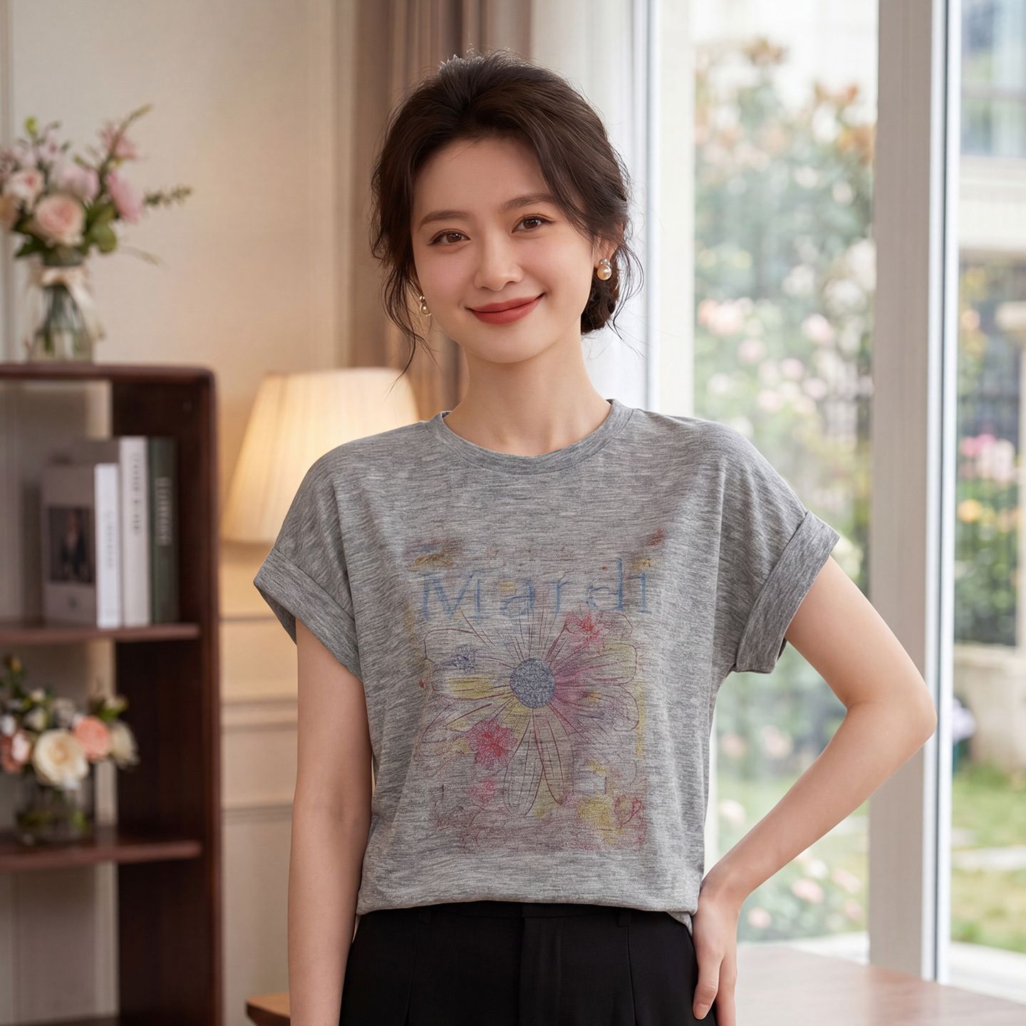 13743991.绒暖享夏季精仿系列女士圆领短袖针织衫上衣宽松打底衫T恤