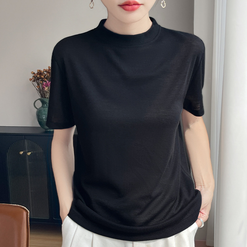 13738479.绒暖享夏季上新精纺圆领短袖打底衫上衣女纯色打底
