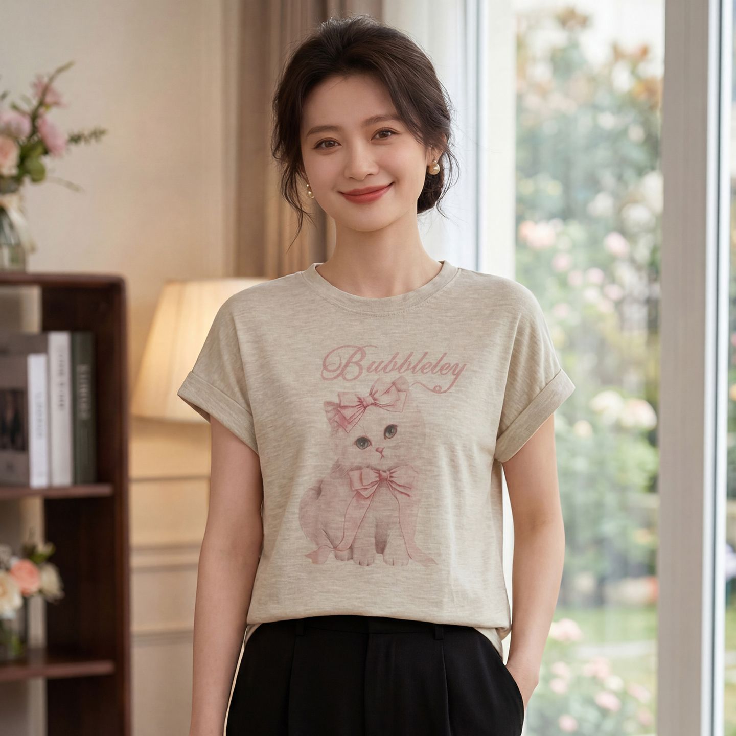 13743990.绒暖享夏季精仿系列圆领短袖针织衫女士宽松打底衫上衣T恤
