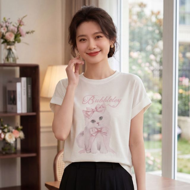 13743990.绒暖享夏季精仿系列圆领短袖针织衫女士宽松打底衫上衣T恤