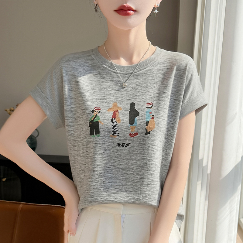 13739018.绒暖享夏季精仿系列圆领短袖卡通人印花针织衫女士上衣宽松打底衫