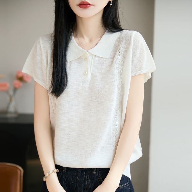13744009.绒暖享珍珠麻系列POLO领上衣扭花透气针织衫