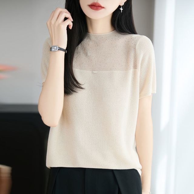 13744033.绒暖享圆领镂空半透显瘦修身针织衫短袖上衣