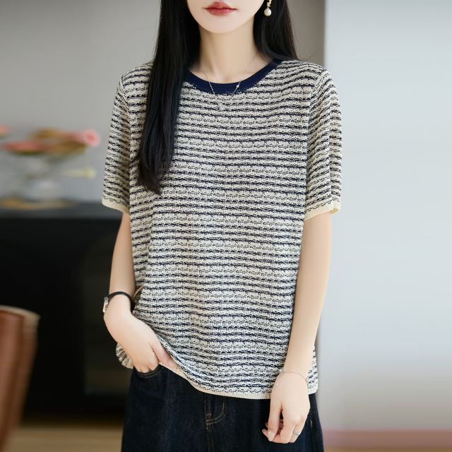 13744043.绒暖享珍珠麻条纹短袖撞色圆领半袖打底上衣