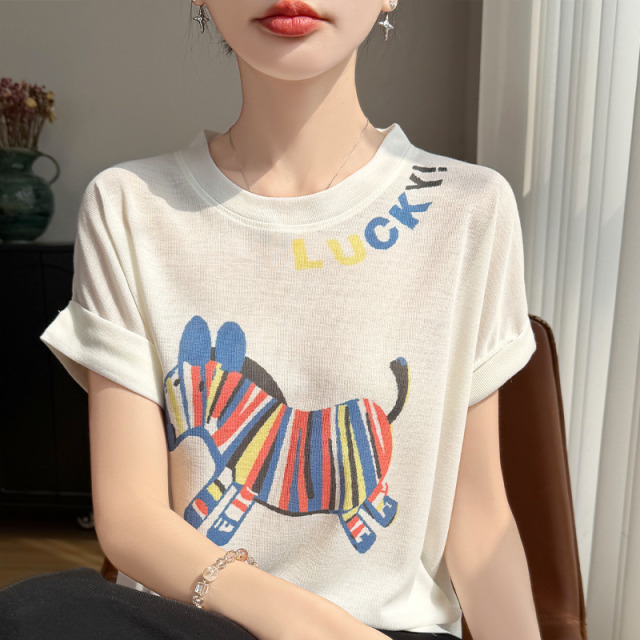 13738994.绒暖享夏季精仿系列圆领斑马子母提花短袖针织衫女士上衣宽松打底衫