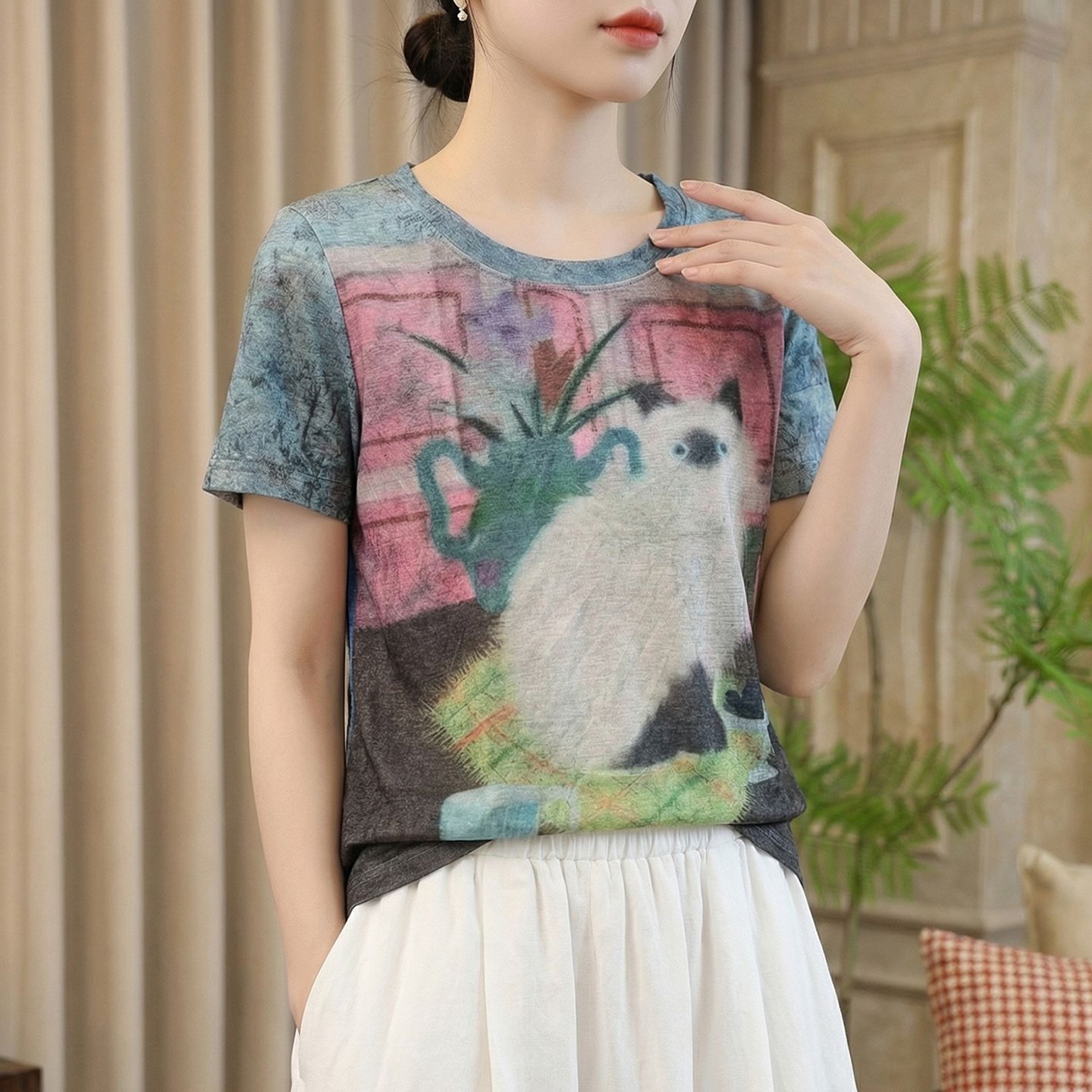 13744002.绒暖享夏季精仿系列圆领短袖针织衫女宽松打底衫T恤