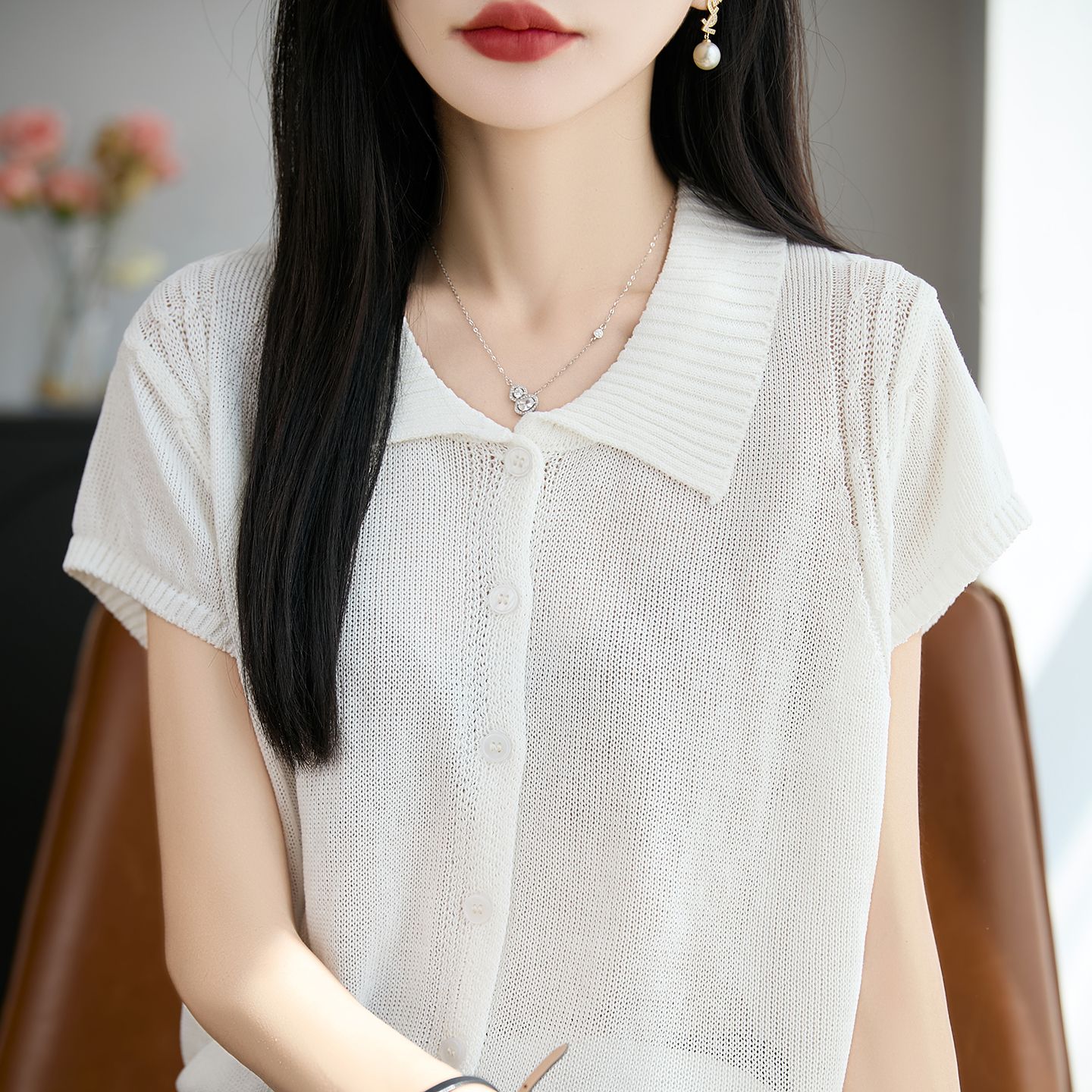 13744048.绒暖享珍珠麻翻领开衫半袖短袖上衣衬衣