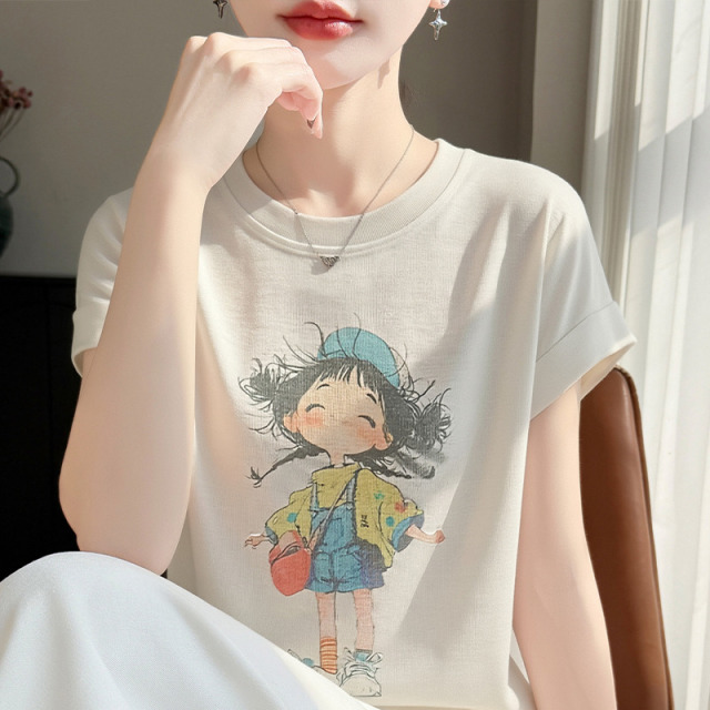 13739078.绒暖享夏季精仿系列圆领短袖卡通印花针织衫女士上衣宽松打底衫小飞袖