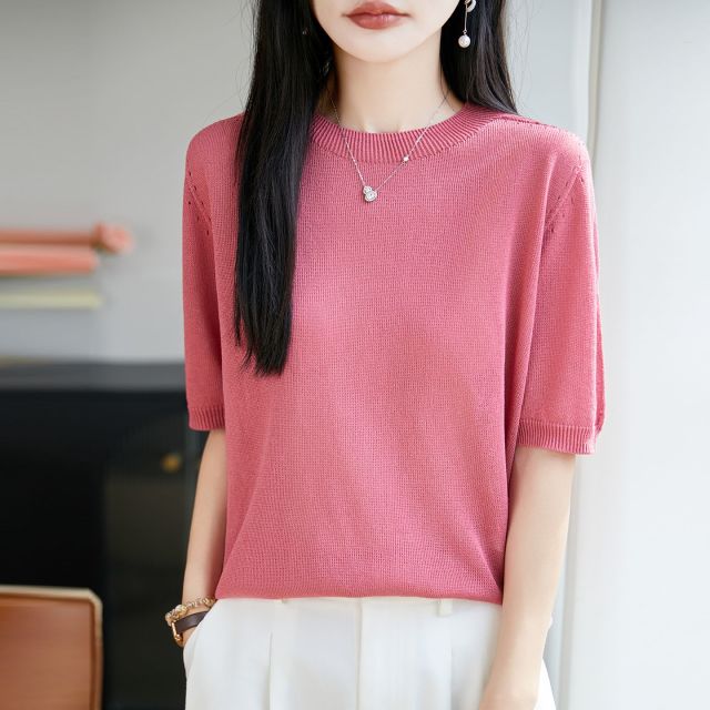 13744059.绒暖享珍珠麻纯色圆领短袖打底衫