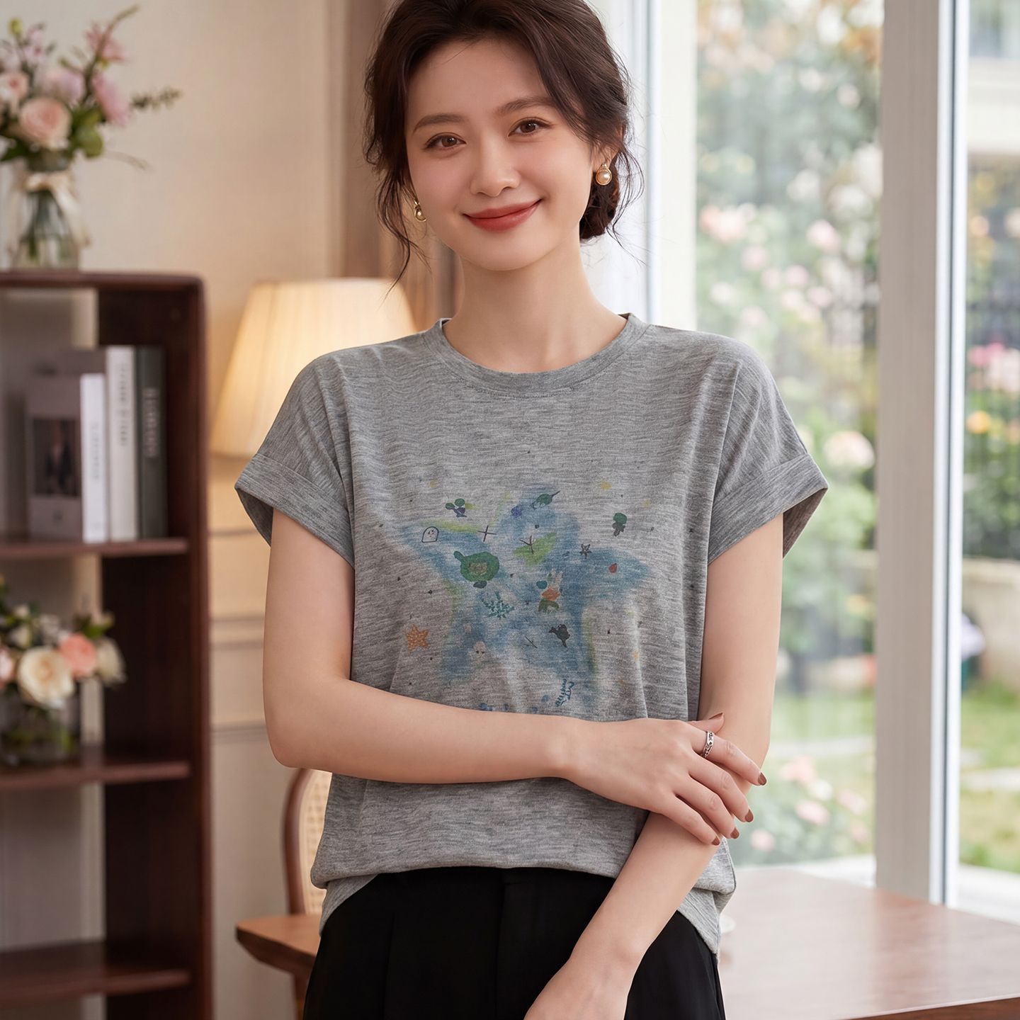13743993.绒暖享夏季精仿系列圆领短袖针织衫女士印花宽松打底衫T恤