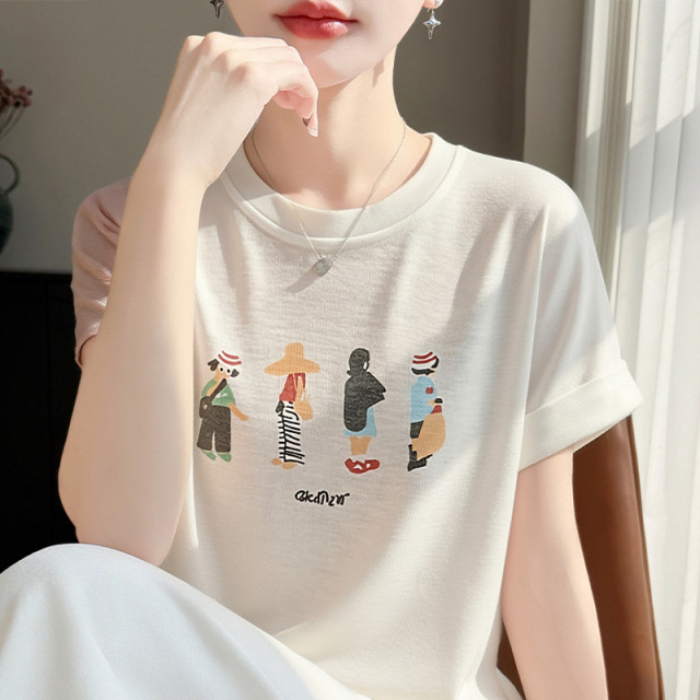 13739018.绒暖享夏季精仿系列圆领短袖卡通人印花针织衫女士上衣宽松打底衫