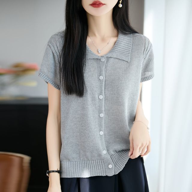 13744048.绒暖享珍珠麻翻领开衫半袖短袖上衣衬衣