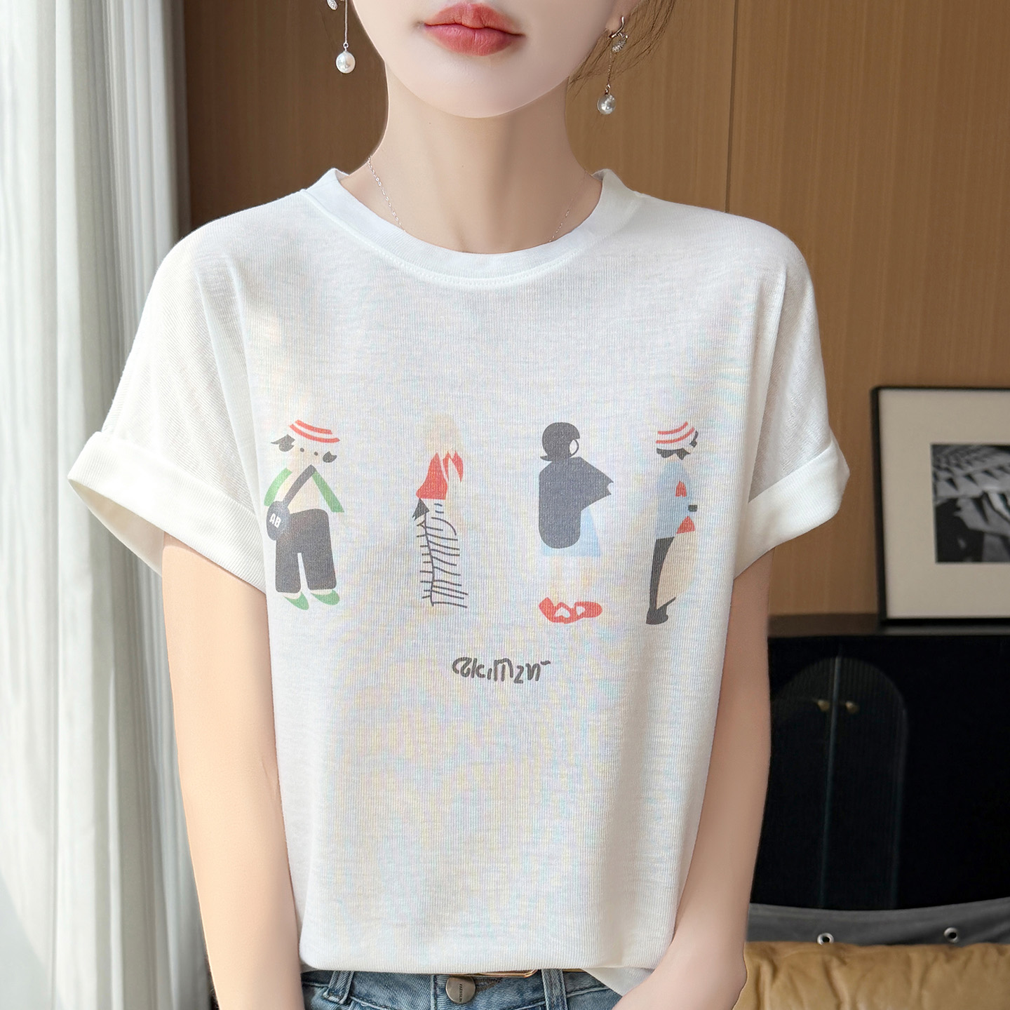 13740000.绒暖享夏季精仿系列圆领短袖针织衫女士上衣宽松打底衫T恤