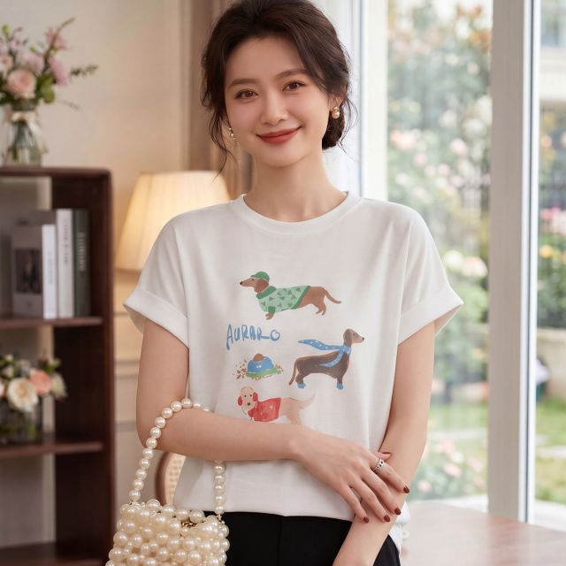 13743987.绒暖享夏季精仿系列圆领短袖女士针织衫上衣宽松打底衫T恤