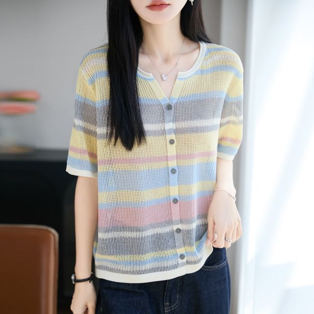 13744035.绒暖享夏季韩版拼色针织衫开衫半透上衣透气遮肉显瘦