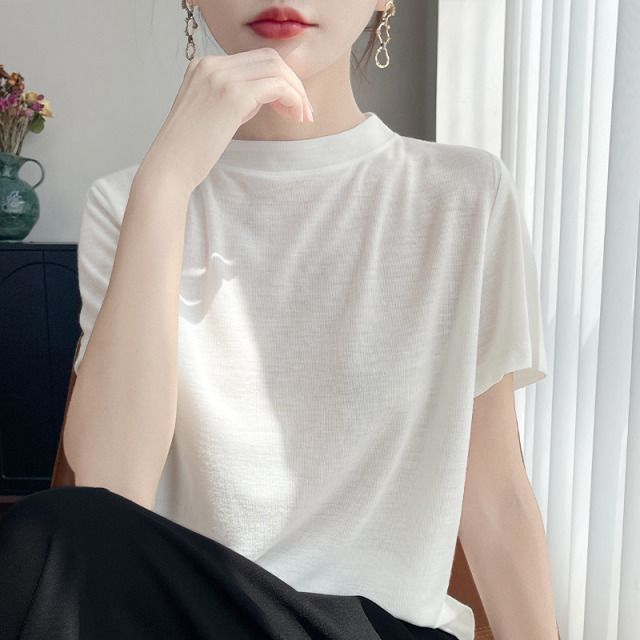 13738479.绒暖享夏季上新精纺圆领短袖打底衫上衣女纯色打底