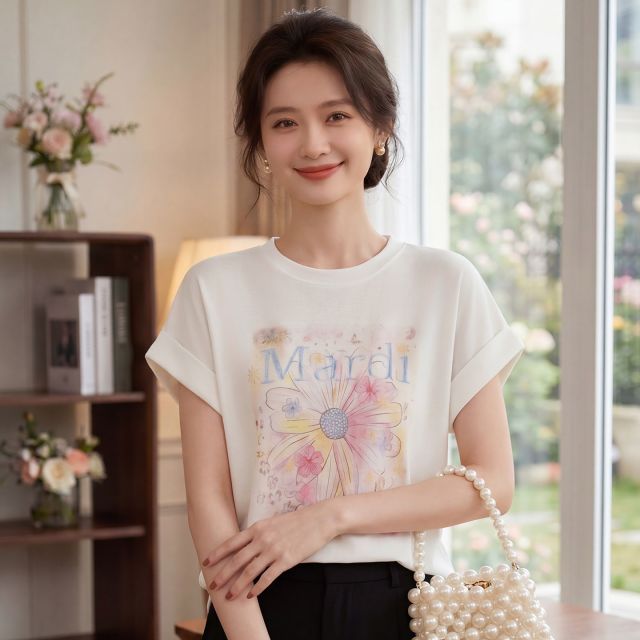 13743991.绒暖享夏季精仿系列女士圆领短袖针织衫上衣宽松打底衫T恤