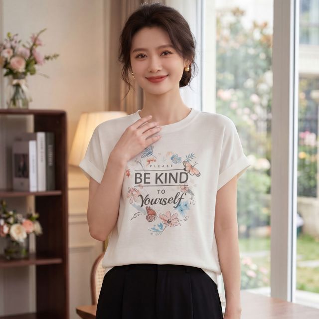 13743985.绒暖享夏季精仿系列圆领短袖针织衫女士宽松打底衫T恤